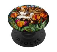 Sleeping Tabby Cat with Tulips Artwork PopSockets Adhesive PopGrip