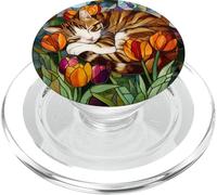 Sleeping Tabby Cat with Tulips Artwork PopSockets PopGrip for MagSafe
