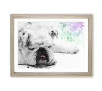 Sleeping White British Bulldog In Abstract Modern Art Framed Print | A3 Oak Framed Wall Art | Ready to Hang | Abstract Flag Picture | Living Room Bedroom Lounge Office