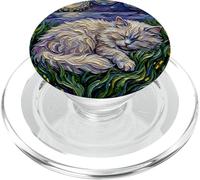 Sleeping White Persian Cat Starry Night Moon Artwork PopSockets PopGrip for MagSafe