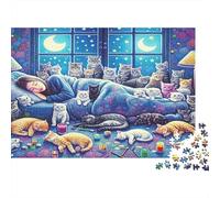 Sleeping Woman Cats Night Premium Paper Jigsaw Puzzle 1000 Pieces for Adults Challenging Rainy Day Activity for Women, Men 70x50cm/1000pcs