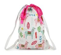 Sleepover bag for Girls Organic Cotton Llama Pink Ribbon Drawstring & Shoulder Straps - Empty Fill-Your-Own Pamper Party Gift Bag - Colourful Slumber Party Tote - 44 x 29 cm