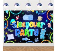 Sleepover Party Backdrop Boy Sleepover Decorations Pajama Pillow Nightcap Backdrop Neon Blue and Green Slumber Background Banner for Boys Pajama Bachelor Party Birthday Supplies 5x3ft
