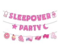 Sleepover Party Supplies Girls Banner - 3 Pcs Glitter Pink Pajama Themed Banner Garland Spa Stuff Decor for Night Out Slumber Birthday Decorations Supplies