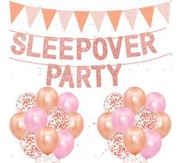 Sleepover Supplies for Girls - Rose Gold Banner, Bunting Flags, Garlands Decoration, 12 Inch Confetti and Latex Balloons Set for Girls Night Spa Pamper Slumber Party