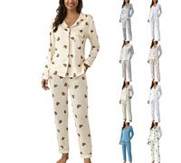 Sleepwear For Women Casual Oversized Cozy Snuggle Lapel Button Graphic Print Pajamas Leisure Lazy Style Two Piece Long Sleeve Pants Pajamas Suit Loungewear Plus Size Beige XL