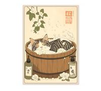 Sleepy Cat In Tub Anime Woodblock Poster Modern Woodblock Print, Cartoon Manga Kitten Wall Art Decor, Modern Japanese, Cat Lovers, A3 (Print Only) - 42x29.7cm