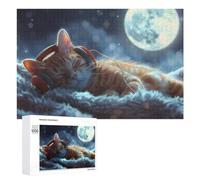 Sleepy Cat with Headphones Under Moonlight - Adult Tabletop Puzzle, 1000 PCS, Relaxing Home Activity - for Mindful Leisure
