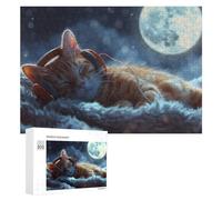 Sleepy Cat with Headphones Under Moonlight - Adult Tabletop Puzzle, 300 PCS, Relaxing Home Activity - for Mindful Leisure