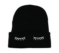 Sleepy Eyes Sleeping Closed Eyelashes Beanie Hat (Black)