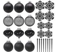 SLEETLY 28pk Bauble Black Ornaments for Christmas Tree Holiday Xmas Decorations, Shatterproof Plastic 3.15 Baubles, Icicles and Snowflakes