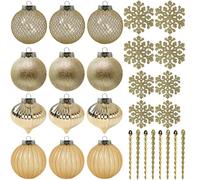 SLEETLY 28pk Bauble Gold Ornaments for Christmas Tree Holiday Xmas Decorations, Shatterproof Plastic 3.15 Baubles, Icicles and Snowflakes