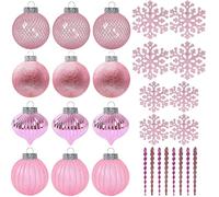 SLEETLY 28pk Bauble Pink Ornaments for Christmas Tree Holiday Xmas Decorations, Shatterproof Plastic 3.15 Baubles, Icicles and Snowflakes