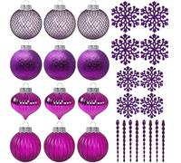 SLEETLY 28pk Bauble Purple Ornaments for Christmas Tree Holiday Xmas Decorations, Shatterproof Plastic 3.15 Baubles, Icicles and Snowflakes