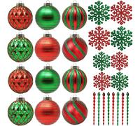SLEETLY 28pk Red and Green Christmas Baubles for Tree Decorations - Holiday Xmas Shatterproof Plastic Ball Ornaments, Icicles and Snowflakes Set