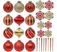 SLEETLY 28pk Red Gold Christmas Baubles for Tree Decorations - Holiday Xmas Shatterproof Plastic Ball Ornaments, Icicles and Snowflakes Set