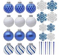 SLEETLY 28pk White Blue Christmas Baubles for Tree Decorations - Holiday Xmas Shatterproof Plastic Ball Ornaments, Icicles and Snowflakes Set
