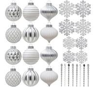 SLEETLY 28pk White Silver Christmas Baubles for Tree Decorations - Holiday Xmas Shatterproof Plastic Ball Ornaments, Icicles and Snowflakes Set