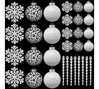 SLEETLY 32pk Christmas Baubles for Tree Holiday Xmas Decorations, Shatterproof Plastic 60mm and 80mm Inch Glitter Bauble Ornaments, Icicles and Snowflakes Set, White