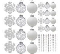 SLEETLY 32pk Christmas Baubles for Tree Holiday Xmas Decorations, Shatterproof Plastic 60mm and 80mm Inch Glitter Bauble Ornaments, Icicles and Snowflakes Set, White