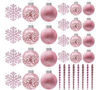 SLEETLY 32pk Christmas Baubles for Tree Holiday Xmas Decorations, Shatterproof Plastic Inch Glitter Bauble Ornaments, Icicles and Snowflakes Set, Pink (DEFECTIVE UNITS)