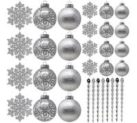 SLEETLY 32pk Christmas Baubles for Tree Holiday Xmas Decorations, Shatterproof Plastic Inch Glitter Bauble Ornaments, Icicles and Snowflakes Set, Silver (DEFECTIVE UNITS)