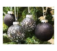 SLEETLY 32pk Christmas Baubles for Tree Holiday Xmas Decorations, Shatterproof Plastic Inch Glitter Bauble Ornaments, Icicles and Snowflakes Set, Black (DEFECTIVE UNITS)