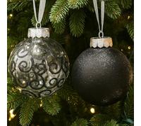 SLEETLY Big Black Bauble Ornaments for Farmhouse Christmas Tree Holiday Xmas Decorations - Extra Large Shatterproof Plastic 120mm Baubles and Snowflakes, Set of 8