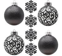 SLEETLY Big Black Bauble Ornaments for Farmhouse Christmas Tree Holiday Xmas Decorations - Extra Large Shatterproof Plastic 120mm Baubles and Snowflakes, Set of 8
