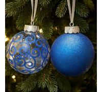 SLEETLY Big Blue Bauble Ornaments for Farmhouse Christmas Tree Holiday Xmas Decorations - Extra Large Shatterproof Plastic 120mm Baubles and Snowflakes, Set of 8