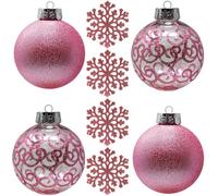 SLEETLY Big Pink Bauble Ornaments for Farmhouse Christmas Tree Holiday Xmas Decorations - Extra Large Shatterproof Plastic 120mm Baubles and Snowflakes, Set of 8