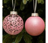 SLEETLY Big Pink Bauble Ornaments for Farmhouse Christmas Tree Holiday Xmas Decorations - Extra Large Shatterproof Plastic 120mm Baubles and Snowflakes, Set of 8