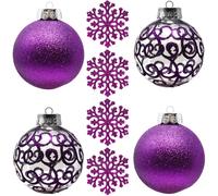 SLEETLY Big Purple Bauble Ornaments for Farmhouse Christmas Tree Holiday Xmas Decorations - Extra Large Shatterproof Plastic 120mm Baubles and Snowflakes, Set of 8