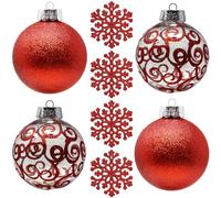 SLEETLY Big Red Bauble Ornaments for Farmhouse Christmas Tree Holiday Xmas Decorations - Extra Large Shatterproof Plastic 120mm Baubles and Snowflakes, Set of 8