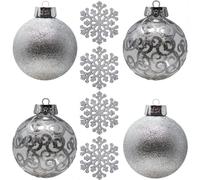 SLEETLY Big Silver Bauble Ornaments for Farmhouse Christmas Tree Holiday Xmas Decorations - Extra Large Shatterproof Plastic 120mm Baubles and Snowflakes, Set of 8