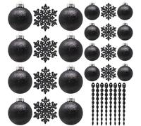 SLEETLY Black Baubles for Christmas Tree Decorations, Shatterproof Plastic 60mm and 80mm Glitter Snow Balls, Icicles and Snowflakes, Ornament Set of 32