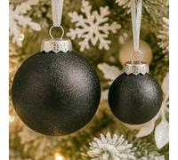 SLEETLY Black Baubles for Christmas Tree Decorations, Shatterproof Plastic 60mm and 80mm Glitter Snow Balls, Icicles and Snowflakes, Ornament Set of 32