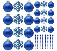 SLEETLY Blue Baubles for Christmas Tree Decorations, Shatterproof Plastic 60mm and 80mm Glitter Snow Balls, Icicles and Snowflakes, Ornament Set of 32