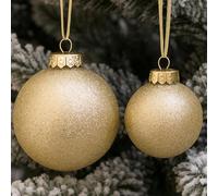 SLEETLY Gold Baubles for Christmas Tree Decorations, Shatterproof Plastic 60mm and 80mm Glitter Snow Balls, Icicles and Snowflakes, Ornament Set of 32
