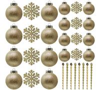SLEETLY Gold Baubles for Christmas Tree Decorations, Shatterproof Plastic 60mm and 80mm Glitter Snow Balls, Icicles and Snowflakes, Ornament Set of 32