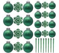 SLEETLY Green Baubles for Christmas Tree Decorations, Shatterproof Plastic 60mm and 80mm Glitter Snow Balls, Icicles and Snowflakes, Ornament Set of 32