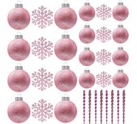 SLEETLY Pink Baubles for Christmas Tree Decorations, Shatterproof Plastic 60mm and 80mm Glitter Snow Balls, Icicles and Snowflakes, Ornament Set of 32