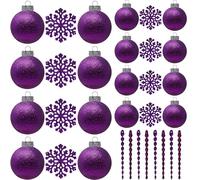 SLEETLY Purple Baubles for Christmas Tree Decorations, Shatterproof Plastic 60mm and 80mm Glitter Snow Balls, Icicles and Snowflakes, Ornament Set of 32