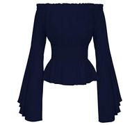 Sleeve Blouse Solid Neck Retro Casual Women Loose Blow Pots Shirt T-Shirt with Photo, navy, L