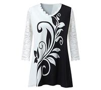 Sleeve List Lace Print 7-Point Splicing T-Shirt Loose Women V-Neck Women's Blouse Shirts Women's Short Sleeve, black, 4XL