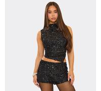 Sleeveless Asymmetric Ruched Side Top In Black Sequin, Women's Size UK 8