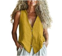 Sleeveless Blouses for Women Button Down Vest Top Vintage Hip Hop V Neck Waistcoat Summer Lightweight Tanks Shirts Cotton Linen Like Camisole Coats Holiday Vacation Beach