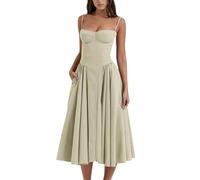 Sleeveless Corset Fit Midi Dress Spaghetti Strap Bustier Midi Dress Trendy A Line Dress with Pocket (L,Green)