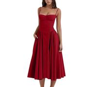Sleeveless Corset Fit Midi Dress Spaghetti Strap Bustier Midi Dress Trendy A Line Dress with Pocket (L,red)
