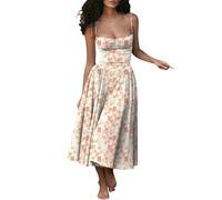 Sleeveless Corset Fit Midi Dress Spaghetti Strap Bustier Midi Dress Trendy A Line Dress with Pocket (M,Light Pink)